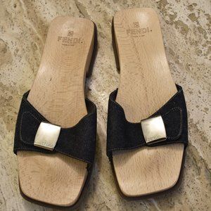 Authentic Vintage Fendi Mules Slides Sandals Clogs 90’s Denim Wood